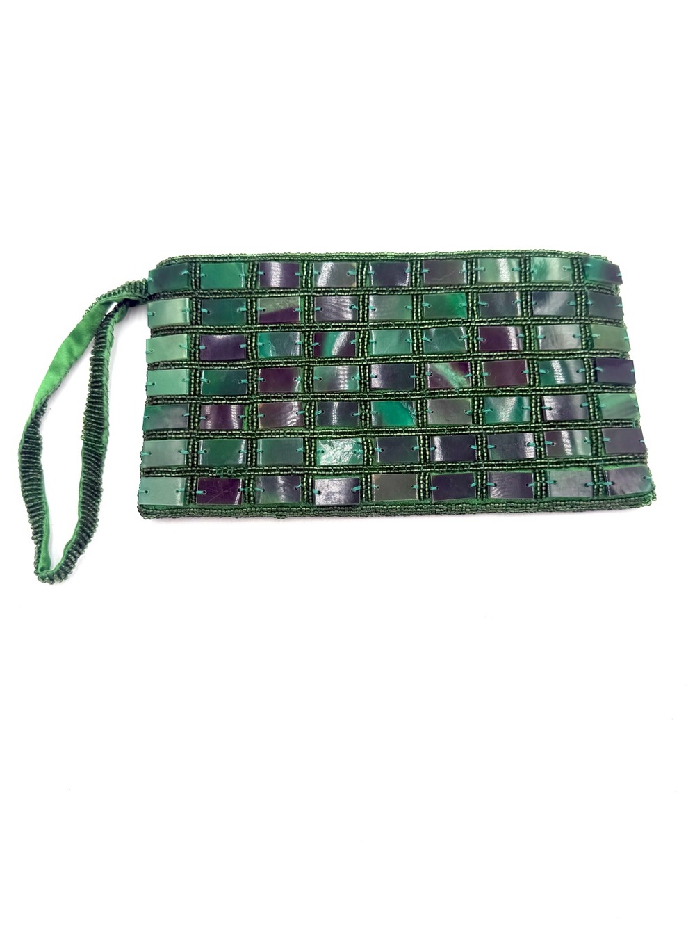 Vintage 80s 90s Green Beaded Wristlet Bag Geometric Sequin Tiled Satin Interior